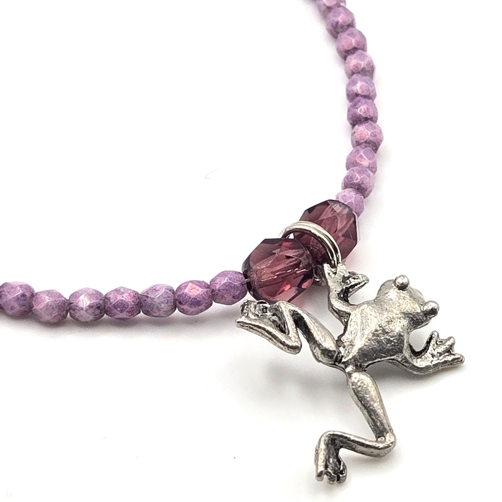 Purple Glass Beaded‎ Frog Charm Bracelet or Anklet Silver Tone 8.75 Inch